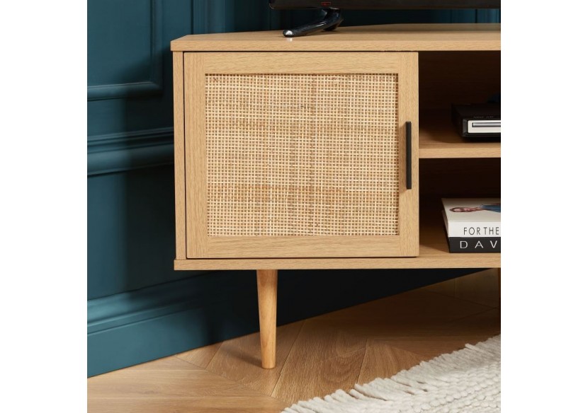 Meuble tv d'angle AMANA effet chêne et cannage rotin 2 portes