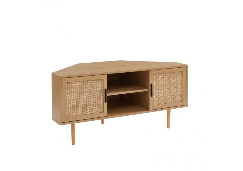 Meuble tv d'angle AMANA effet chêne et cannage rotin 2 portes