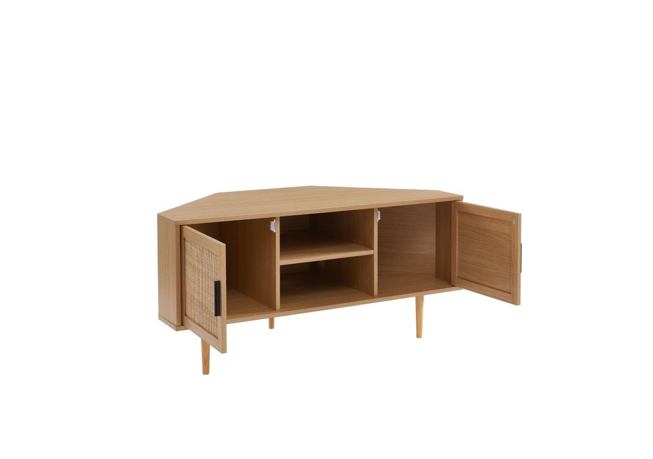 Meuble tv d'angle AMANA effet chêne et cannage rotin 2 portes