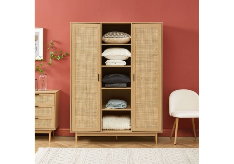 Armoire AMANA effet chêne et cannage rotin 2 portes h180 cm 2