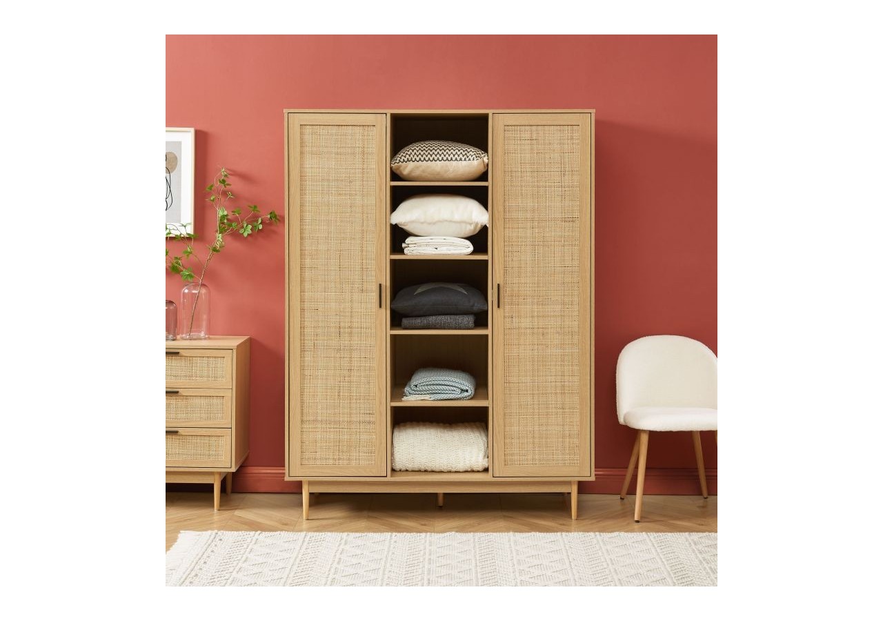 Armoire AMANA effet chêne et cannage rotin 2 portes h180 cm