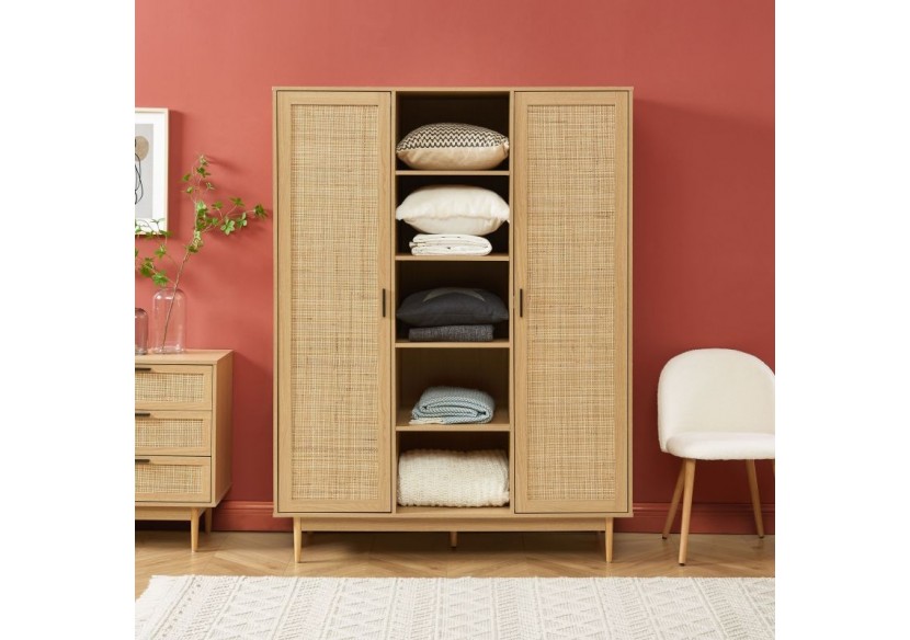 Armoire AMANA effet chêne et cannage rotin 2 portes h180 cm