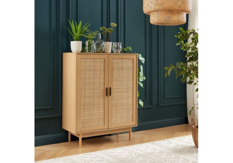 Buffet haut AMANA effet chêne et cannage rotin 2 portes 2