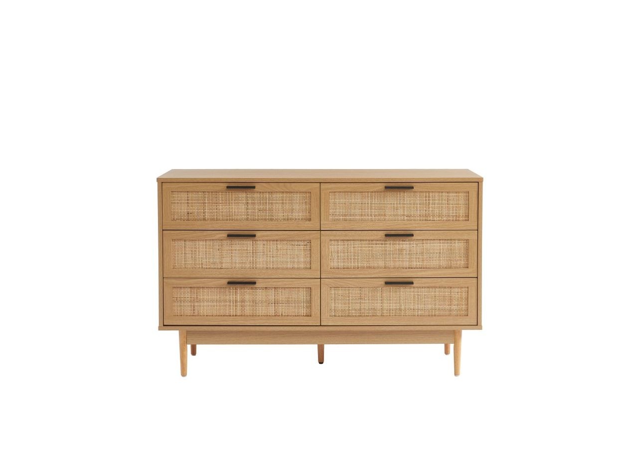 Commode AMANA effet chêne et cannage rotin 6 tiroirs