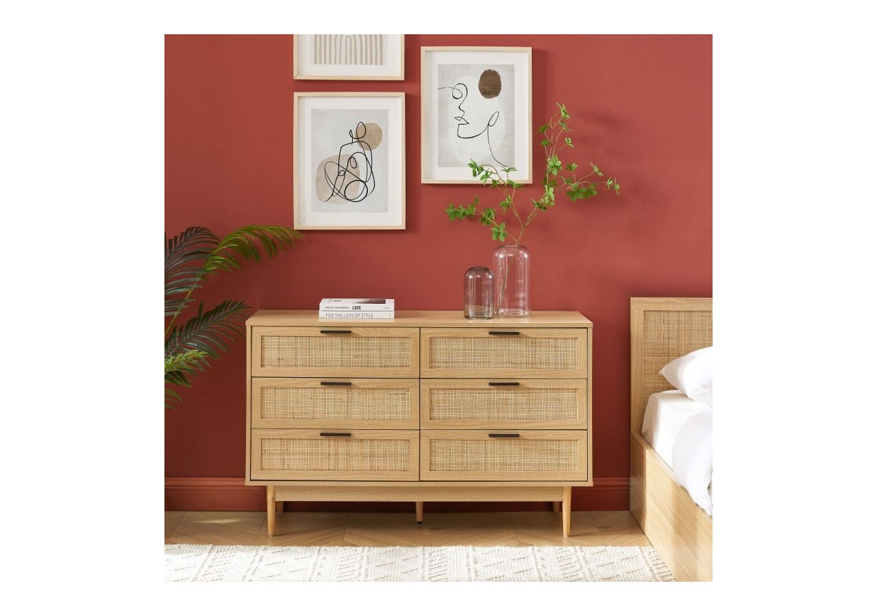 Commode AMANA effet chêne et cannage rotin 6 tiroirs