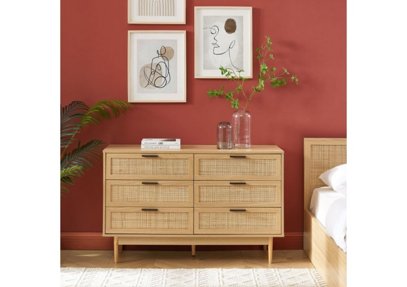 Commode AMANA effet chêne et cannage rotin 6 tiroirs
