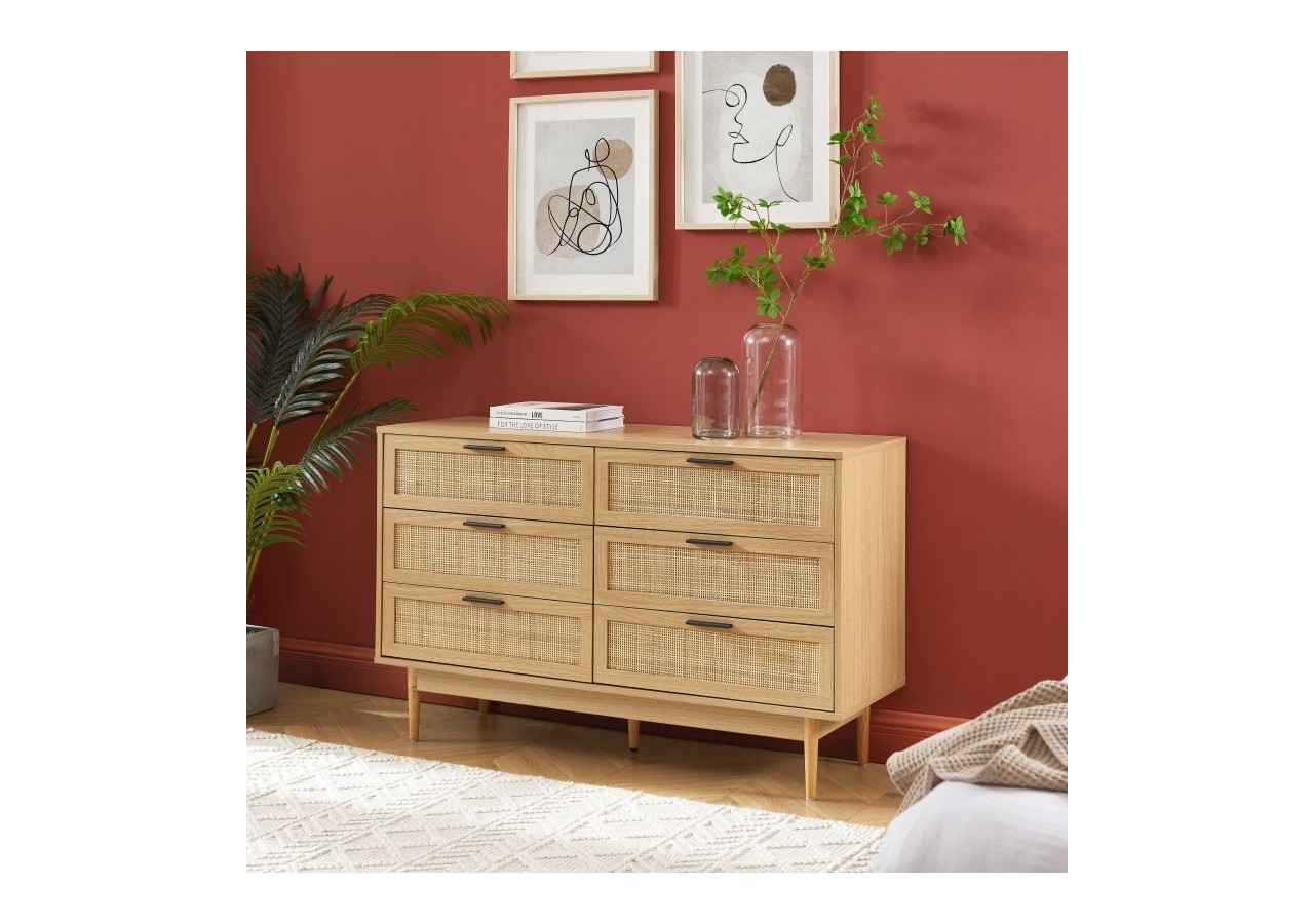 Commode AMANA effet chêne et cannage rotin 6 tiroirs