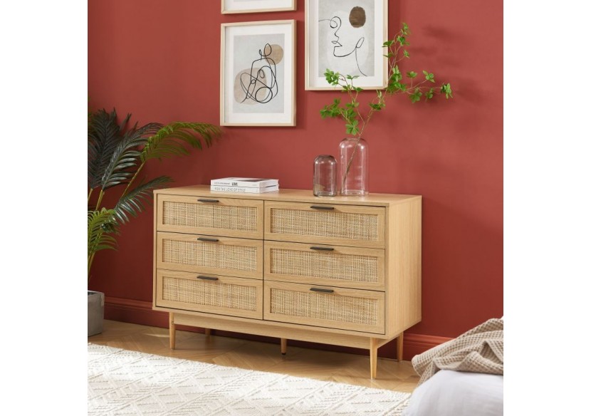 Commode AMANA effet chêne et cannage rotin 6 tiroirs