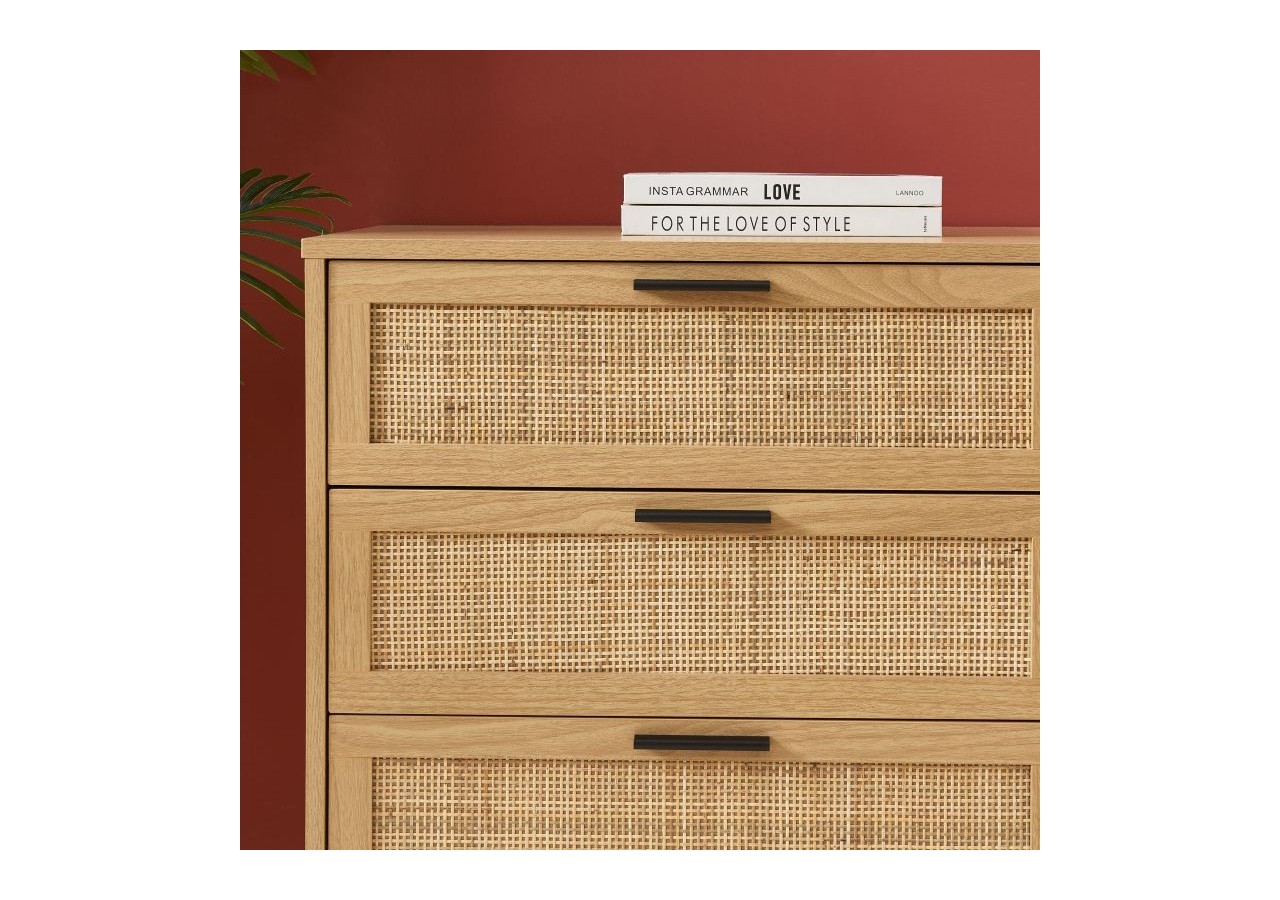 Commode AMANA effet chêne et cannage rotin 6 tiroirs