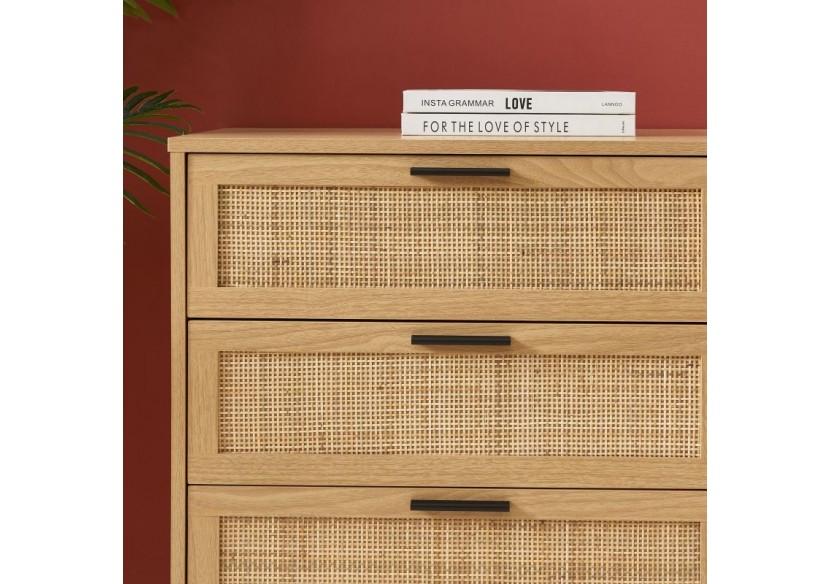 Commode AMANA effet chêne et cannage rotin 6 tiroirs