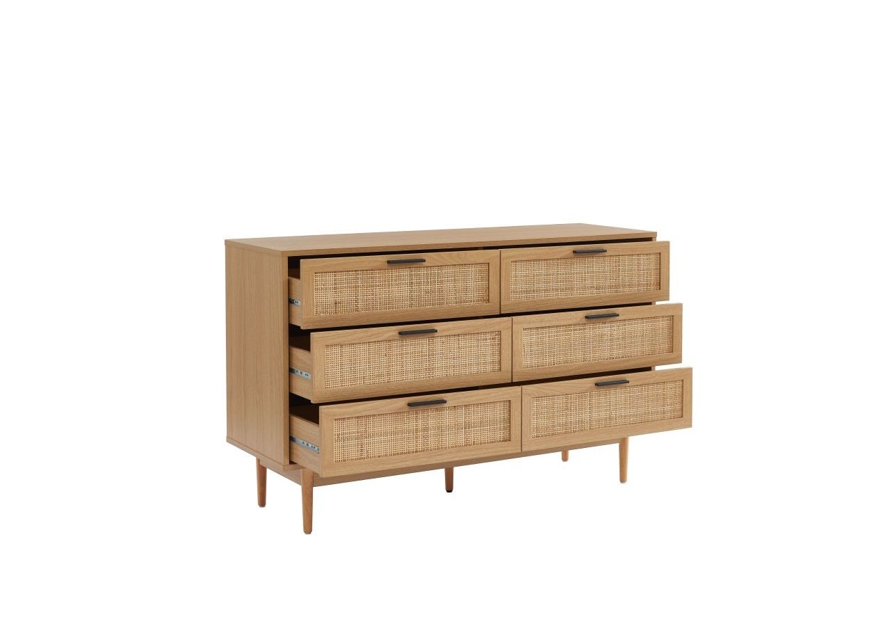 Commode AMANA effet chêne et cannage rotin 6 tiroirs