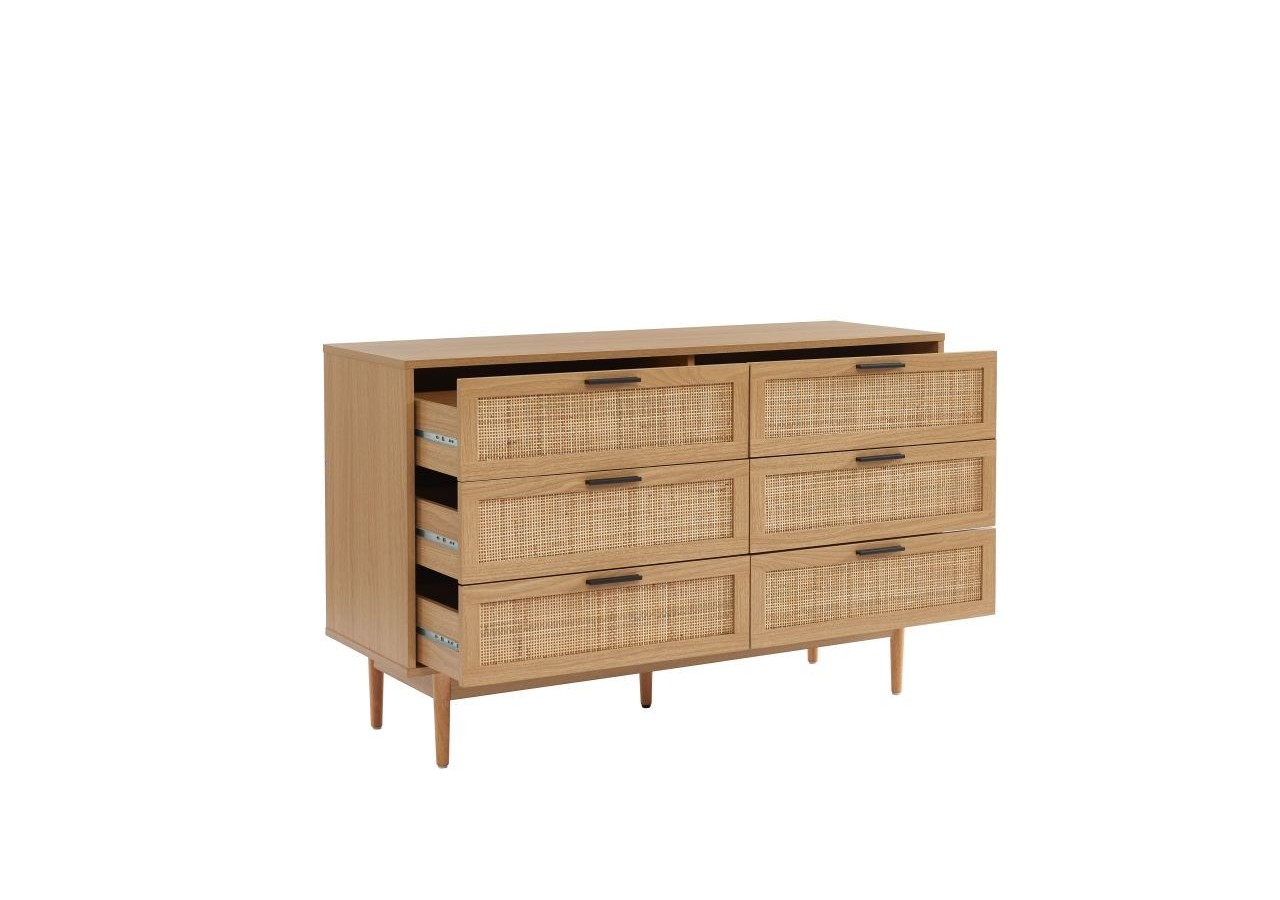 Commode AMANA effet chêne et cannage rotin 6 tiroirs