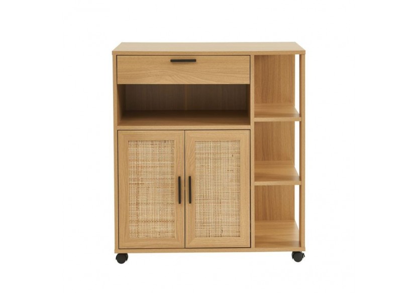 Desserte de cuisine AMANA effet chêne et cannage rotin avec roulettes