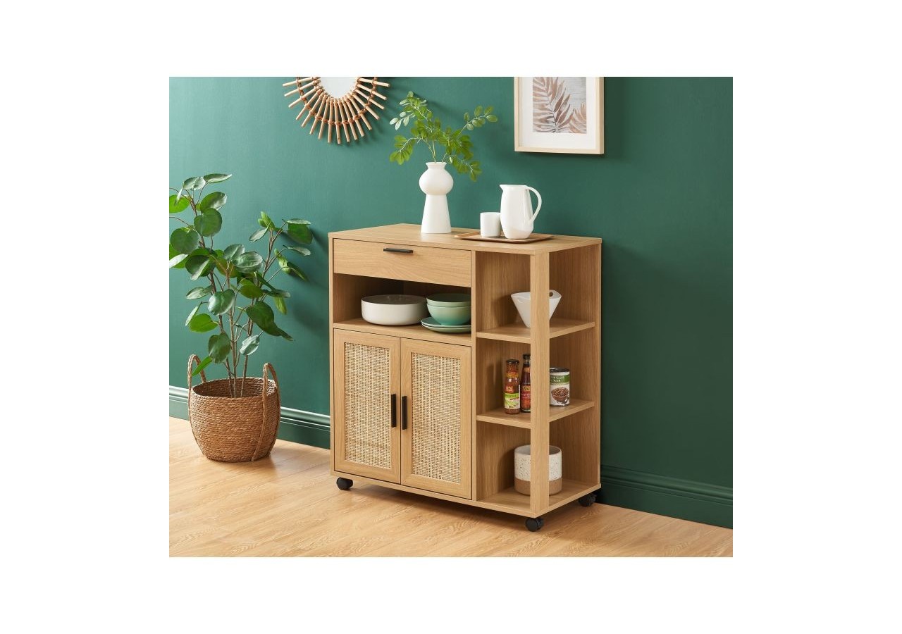 Desserte de cuisine AMANA effet chêne et cannage rotin avec roulettes