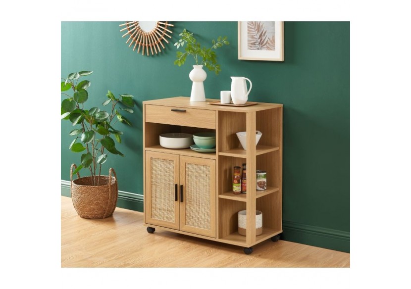 Desserte de cuisine AMANA effet chêne et cannage rotin avec roulettes