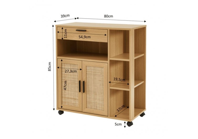 Desserte de cuisine AMANA effet chêne et cannage rotin avec roulettes