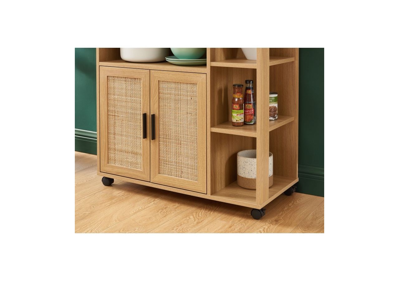 Desserte de cuisine AMANA effet chêne et cannage rotin avec roulettes