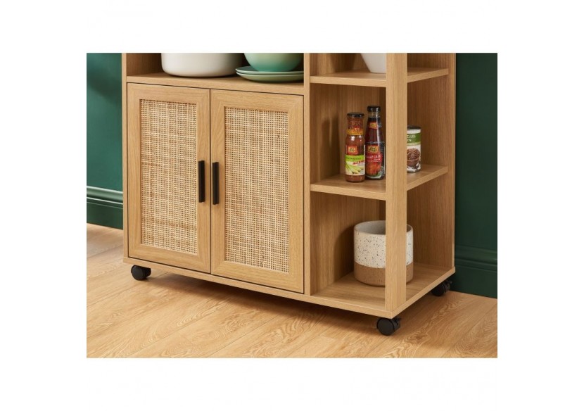 Desserte de cuisine AMANA effet chêne et cannage rotin avec roulettes