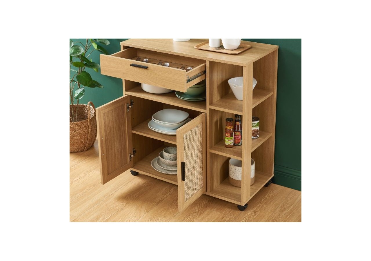 Desserte de cuisine AMANA effet chêne et cannage rotin avec roulettes