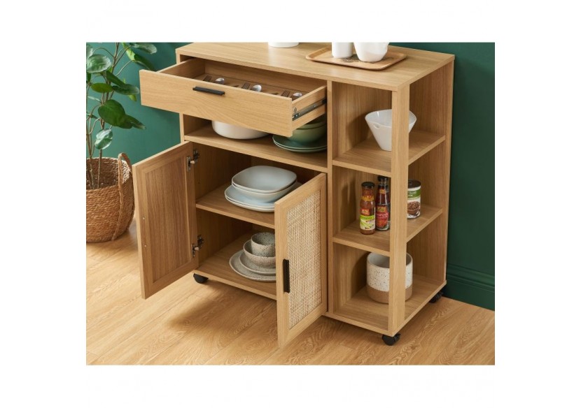 Desserte de cuisine AMANA effet chêne et cannage rotin avec roulettes