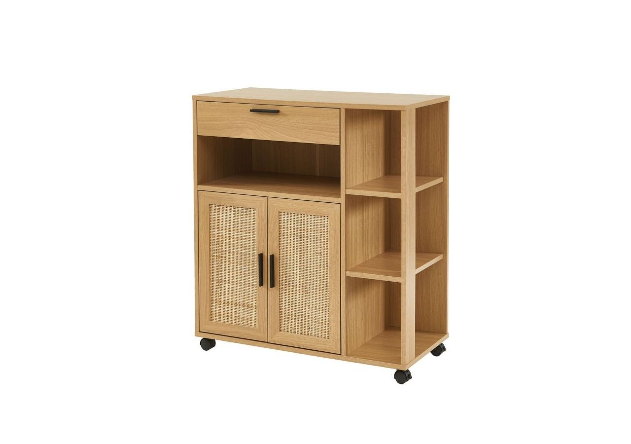 Desserte de cuisine AMANA effet chêne et cannage rotin avec roulettes