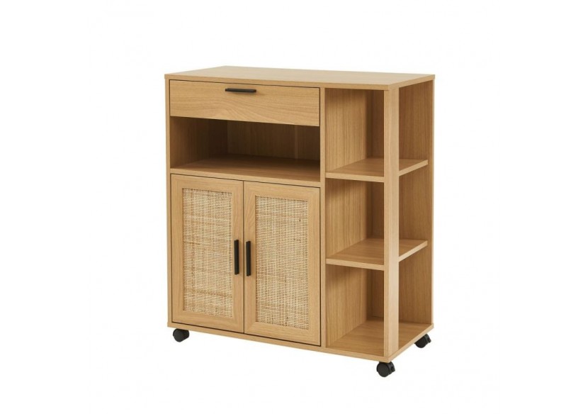 Desserte de cuisine AMANA effet chêne et cannage rotin avec roulettes