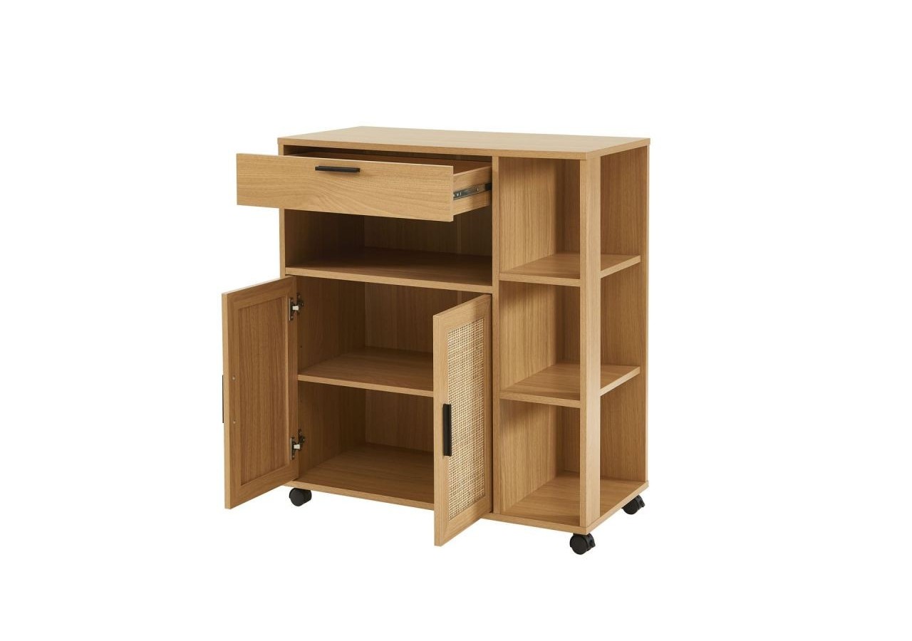 Desserte de cuisine AMANA effet chêne et cannage rotin avec roulettes