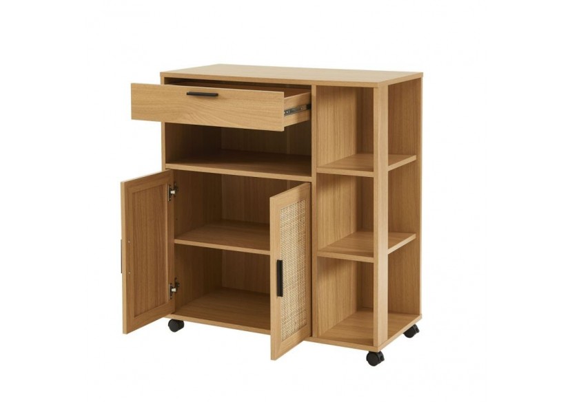 Desserte de cuisine AMANA effet chêne et cannage rotin avec roulettes