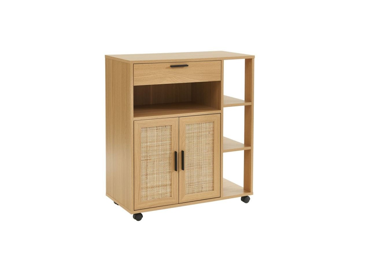 Desserte de cuisine AMANA effet chêne et cannage rotin avec roulettes