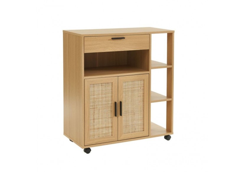 Desserte de cuisine AMANA effet chêne et cannage rotin avec roulettes