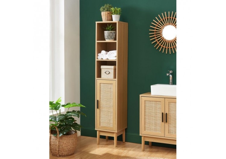 Colonne de salle de bain AMANA effet chêne et cannage rotin l30cm 2