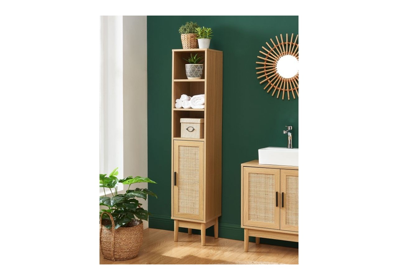 Colonne de salle de bain AMANA effet chêne et cannage rotin l30cm