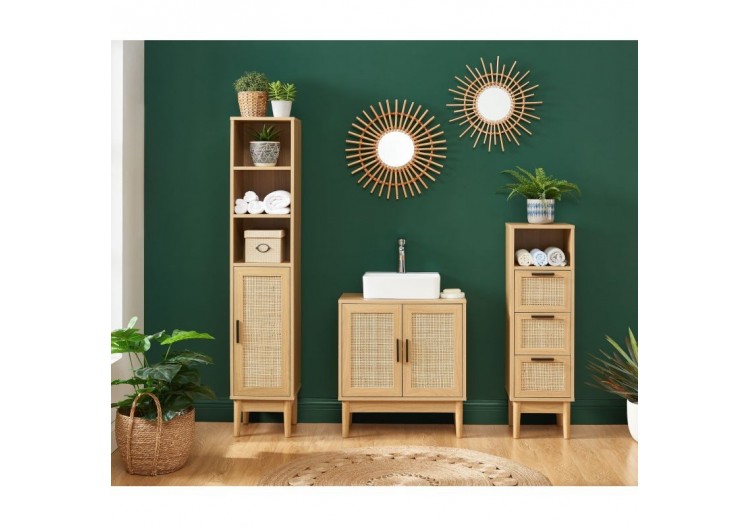 Meuble sous vasque AMANA effet chêne et cannage rotin l60cm 2