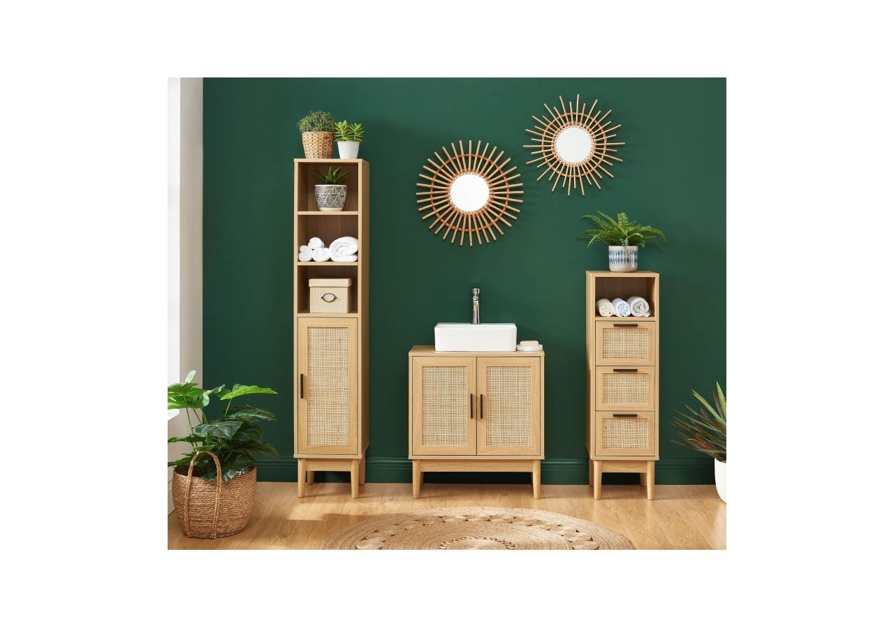 Meuble sous vasque AMANA effet chêne et cannage rotin l60cm