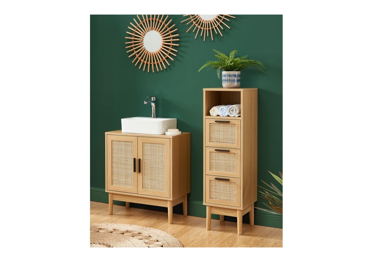 Meuble sous vasque AMANA effet chêne et cannage rotin l60cm