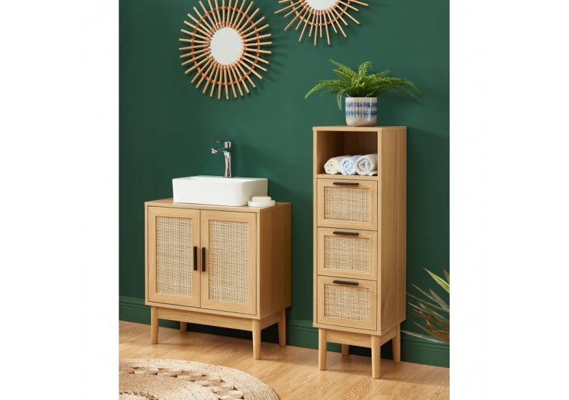 Meuble sous vasque AMANA effet chêne et cannage rotin l60cm Meuble sous vasque AMANA effet chêne et cannage rotin l60cm