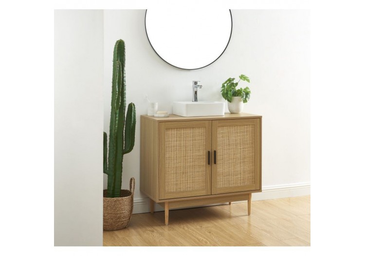 Meuble sous lavabo AMANA effet chêne et cannage rotin 90cm 2