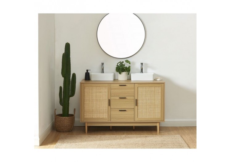 Meuble sous lavabo AMANA effet chêne et cannage rotin 130cm 2