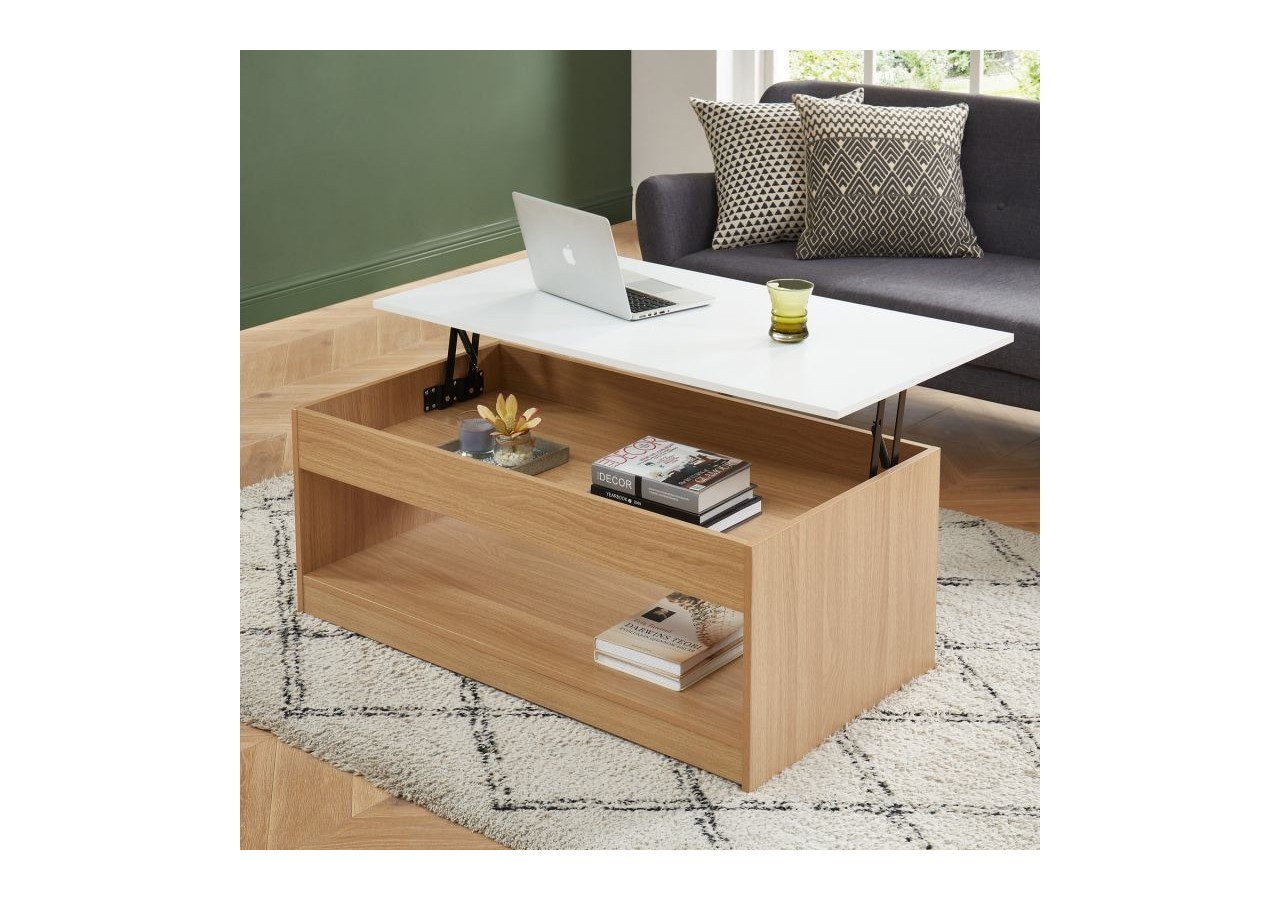 Table basse AMOS blanc et effet chêne plateau relevable