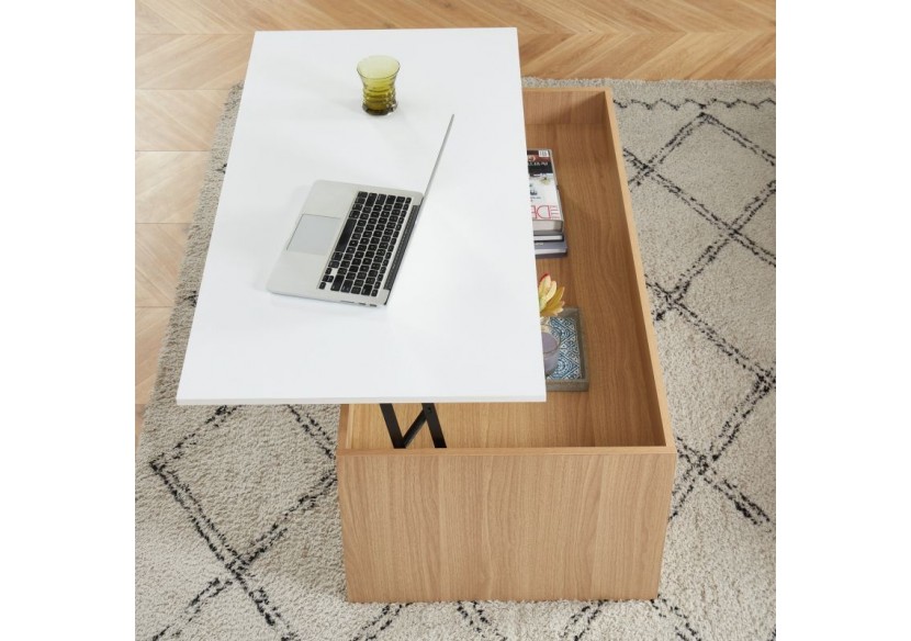 Table basse AMOS blanc et effet chêne plateau relevable