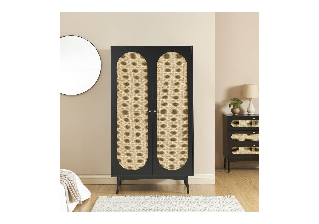 Armoire ANATOLE noir et cannage rotin