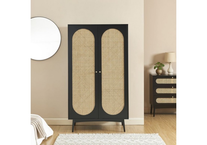 Armoire ANATOLE noir et cannage rotin