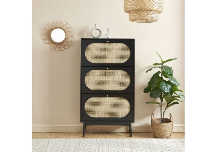 Meuble à chaussures ANATOLE noir et cannage rotin 2