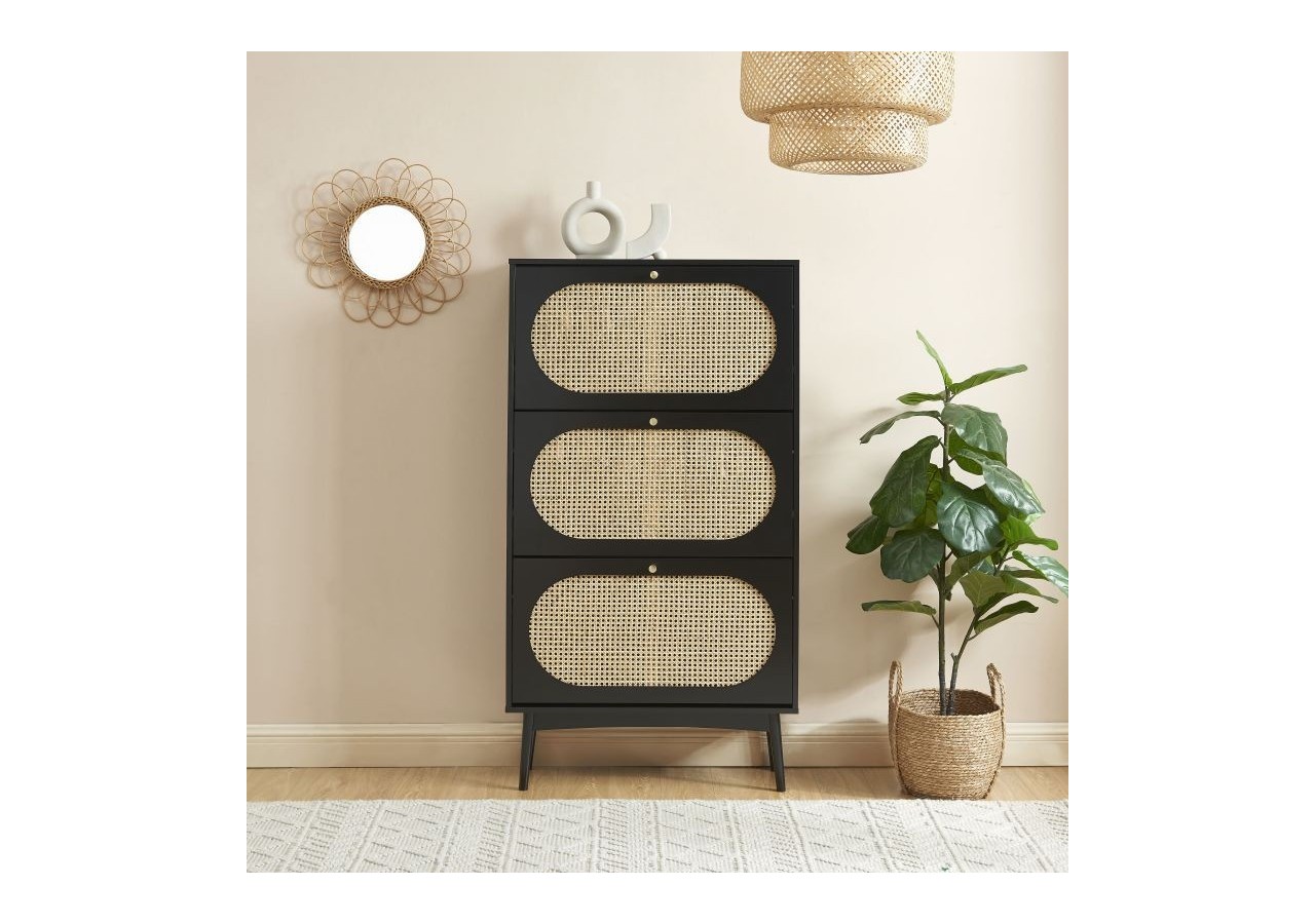 Meuble à chaussures ANATOLE noir et cannage rotin