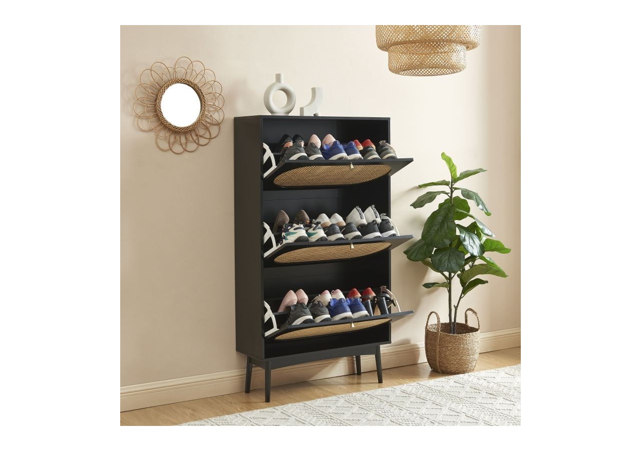 Meuble à chaussures ANATOLE noir et cannage rotin