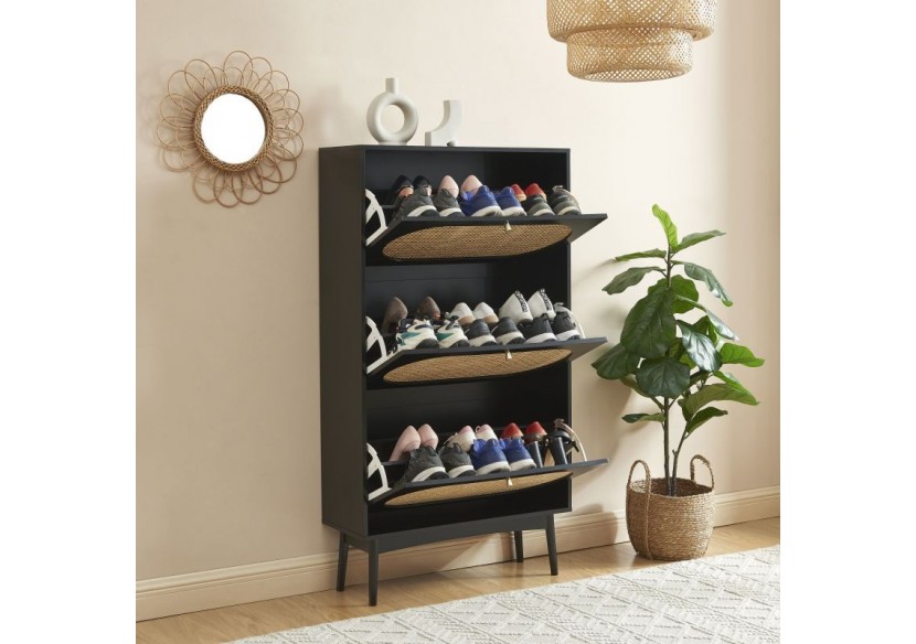 Meuble à chaussures ANATOLE noir et cannage rotin