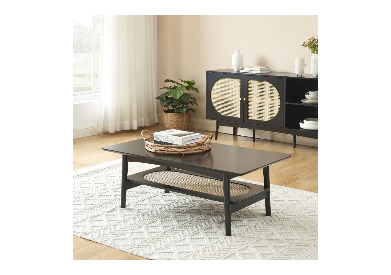 Table basse ANATOLE noir et cannage rotin