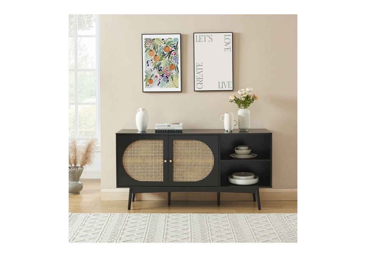 Buffet ANATOLE noir et cannage rotin