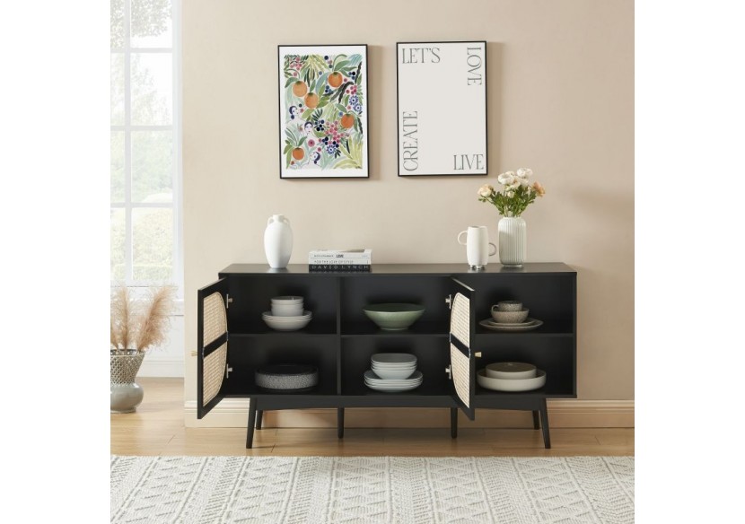 Buffet ANATOLE noir et cannage rotin