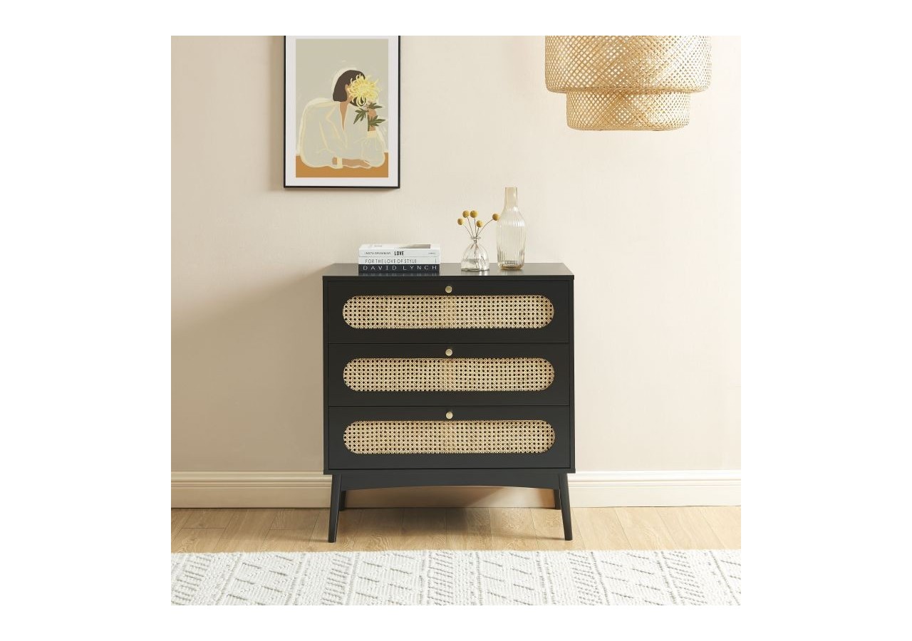 Commode ANATOLE noir et cannage rotin
